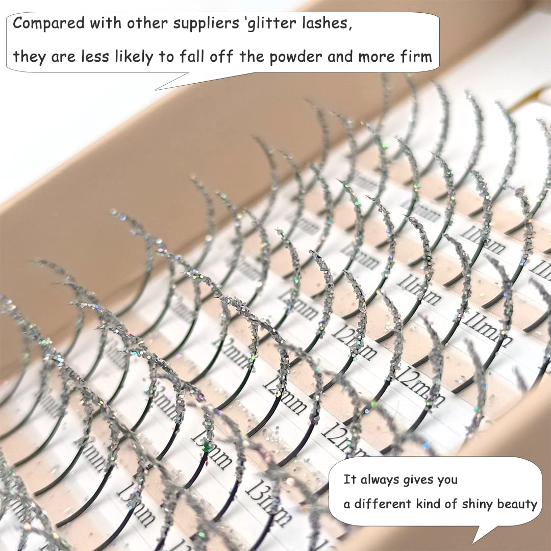 FQNing Glitter Lash Extensions Individual Silver Color Sparkly Single Lash Spike Eyelash Extension for Daily Party Wedding 11mm-16mm (Silver)