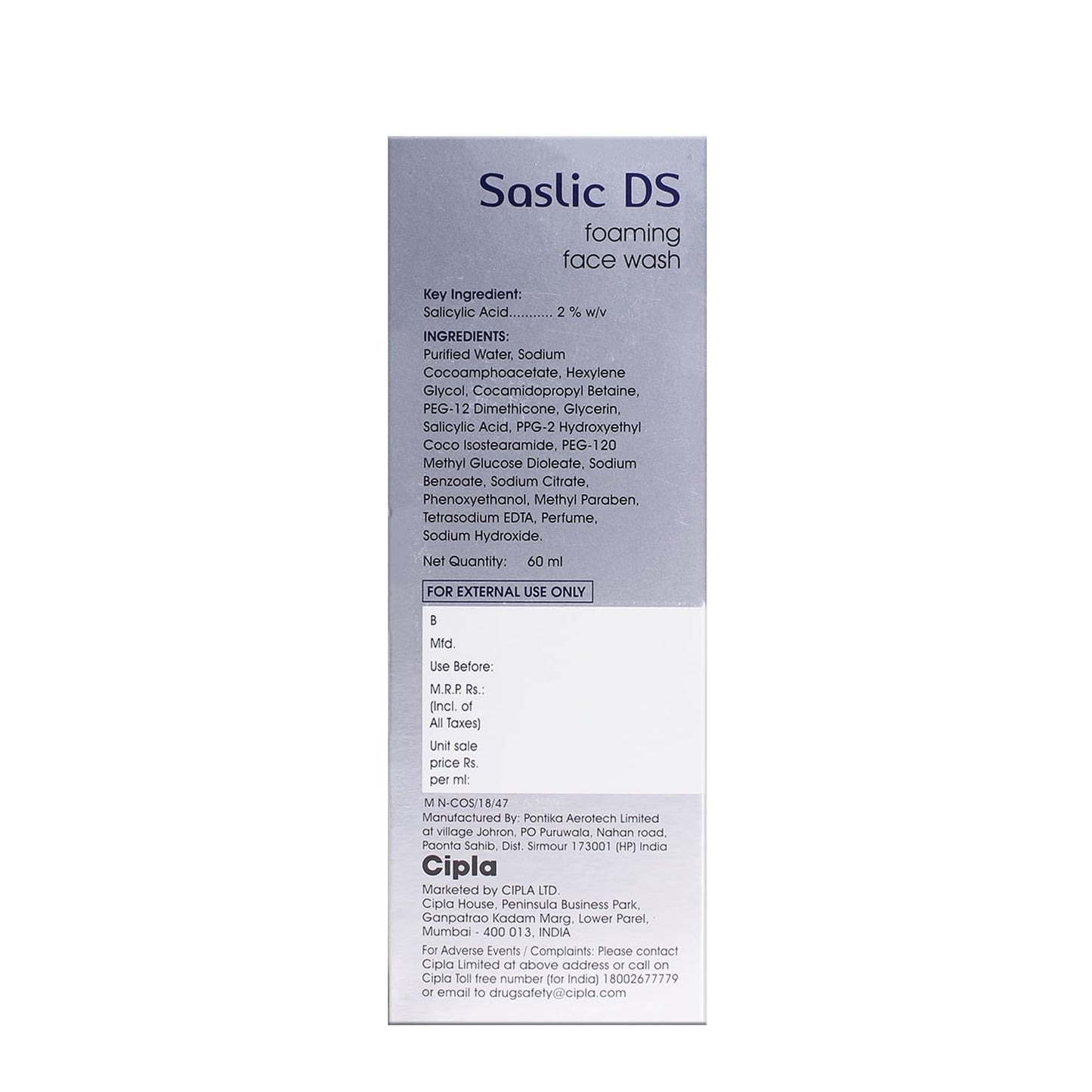 Cipla Sas_lic DS Foaming Face Wash (60ml) (pack of 2)