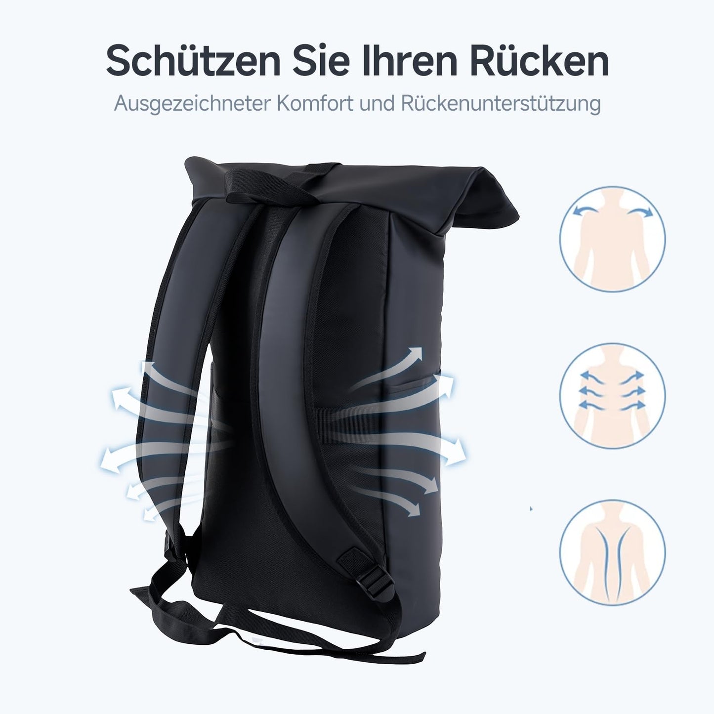 iMZOON Rolltop Backpack for Men Women, Lightweight,PU Waterproof Bag Laptop Backpack Fits 16 inch Laptop Large Capacity Adjustable 23L for Travel Sports Work University Camping School Season,Black