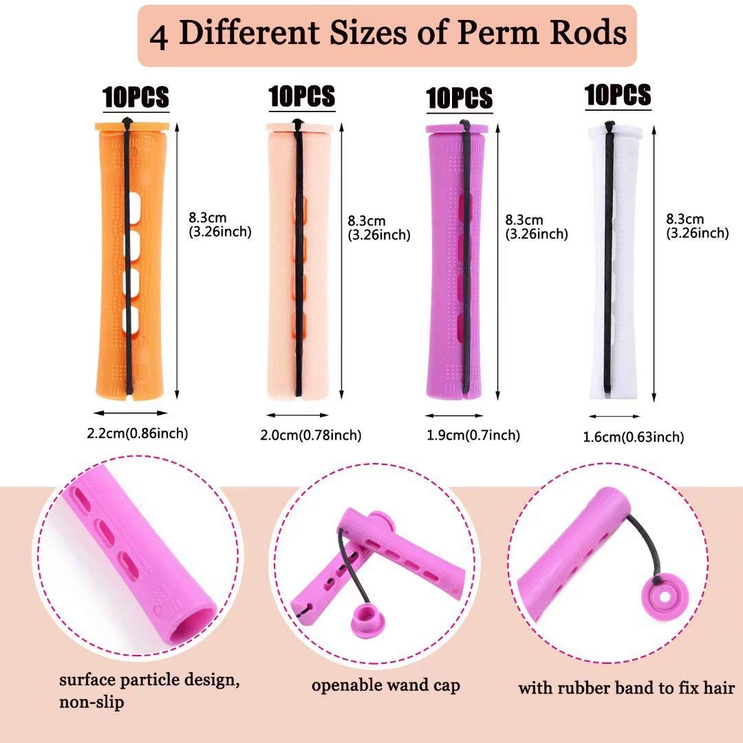 40pcs Perm Rods Set for Natural Hair 4 Sizes Cold Wave Rods Hair Rollers for Women Curling Rods for Long Medium Small Hair Curler Styling DIY