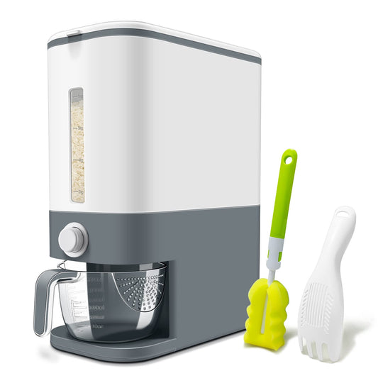 Lenwi 22-25 Lbs Rice Dispenser, Large Cereal Dry Food Storage Containers with Measuring Cup,BPA-Free Household for Kitchen Pantry Organization-Grey