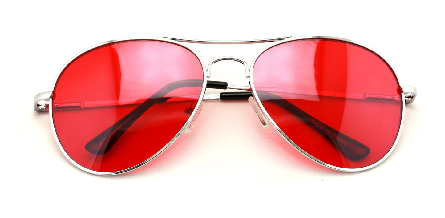VW Eyewear - Colorful Silver Metal Aviator With Color Lens Sunglasses (Red lens)