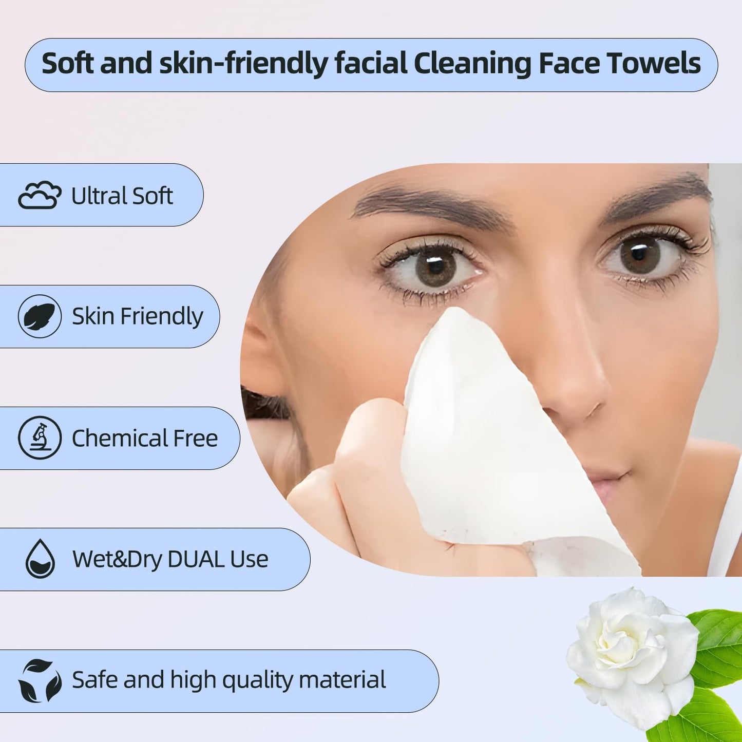 Disposable Face Towels,Viscose Biodegradable Large Dry Wipes,Super Soft & Thick Face Cleansing Towels,Daily Facial Tissues for Sensitive Skin, Makeup Beauty and Personal Care PUPUPE