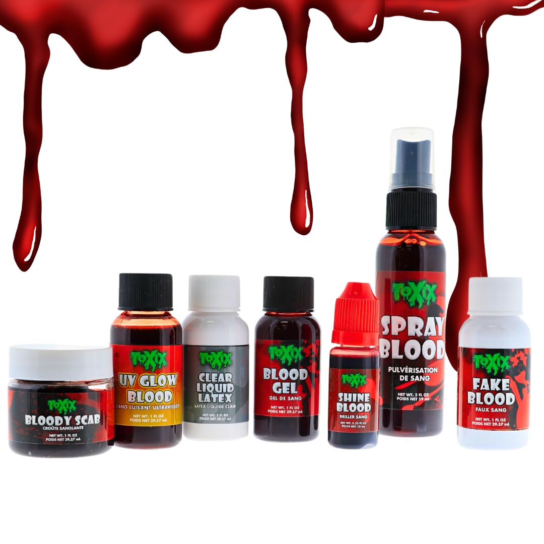 TOXIX Liquid Latex and Fake Blood Kit, 1 fl oz each, Clear Latex and Realistic Red Blood for Special Effects, Halloween Costumes, Scars, Wrinkles