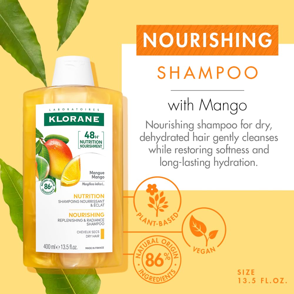 Klorane Nourishing Shampoo with Mango Butter, Moisturize and Hydrate Dry Hair, Paraben, Silicone, SLS Free, 13.5 Fl Oz