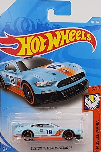 Hot Wheels 2019 Muscle Mania Custom '18 Ford Mustang GT 180/250, Light Blue and Orange