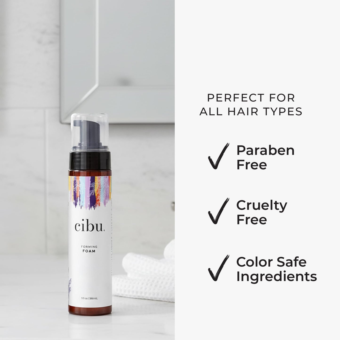 CIBU Styling Foam - Hair Styling Agent, Forming Foam, 9 Fl Oz, Frizz Control, Lightweight Mousse, Nutrient Rich Rice Soy Protein Hemp Argan Seed Oils