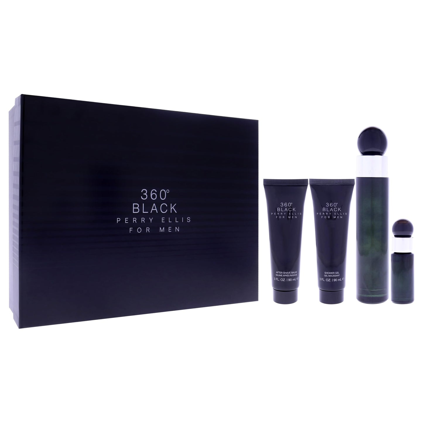 360 Black by Perry Ellis for Men - 4 Pc Gift Set 3.4oz EDT Spray, 0.25oz EDT Spray (Mini), 3oz Aftershave Balm, 3oz Shower Gel