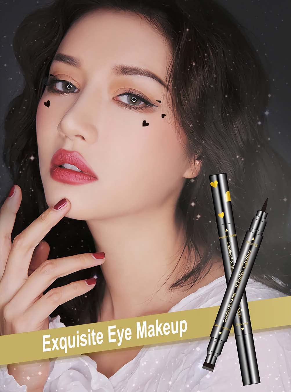 SUMEITANG 6 Pcs Double-headed Eyeliner Stamps Set Black Liquid Eye Liner Pen With Star,Moon,Heart,Flower,Smiley,Triangle Stamp Stencils Shapes