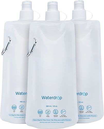 Waterdrop 16 oz Collapsible Water Pouch, Pack of 3, Hiking, Camping, Travel, BPA-Free, Reusable, Foldable