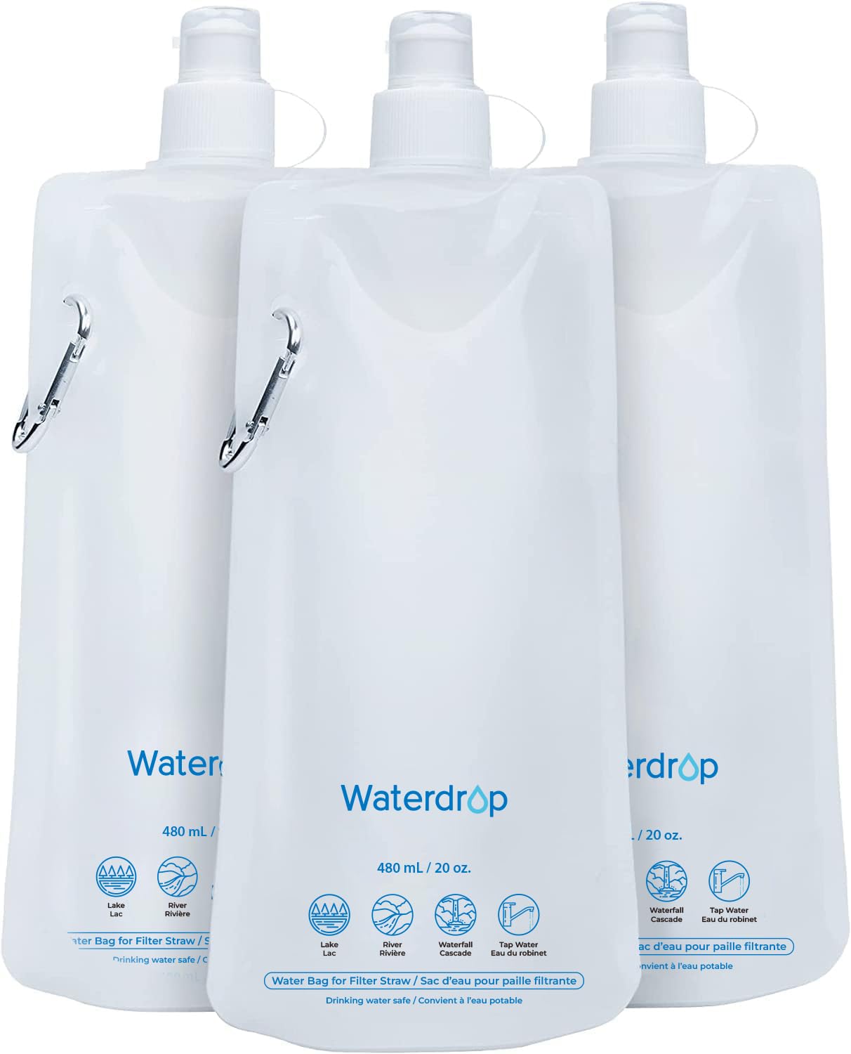 Waterdrop 16 oz Collapsible Water Pouch, Pack of 3, Hiking, Camping, Travel, BPA-Free, Reusable, Foldable