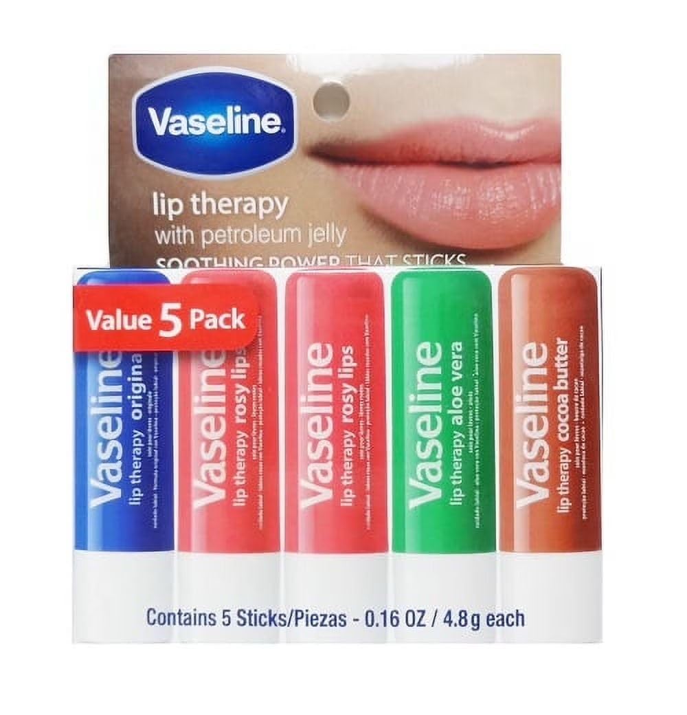 Vaseline Lip Therapy 5-Piece Lips Set Value Pack 0.16 oz. / 4.8g each (1 Original, 2 Rosy, 1 Cocoa, 1 Aloe)