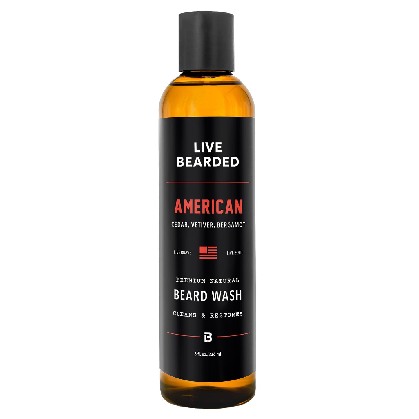Live Bearded Beard Wash, 8 fl oz - Water-Based Face Cleanser with All-Natural Ingredients for a Gentle, Deep Clean - Made in the USA | American Scent