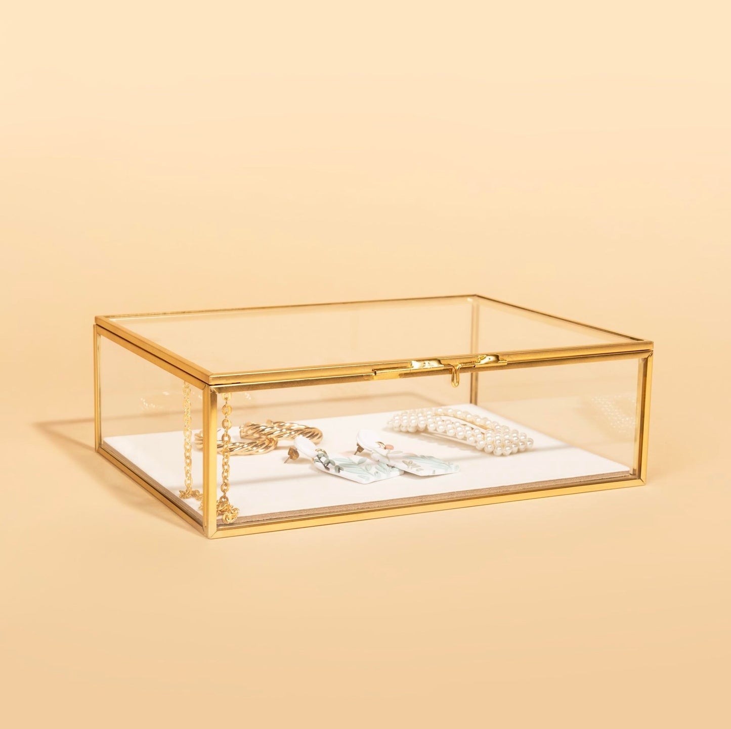 Glass Gold Metal with Chain and Velvet Bottom Jewelry Organizer Box | Card box for Weddings, Events, Baby Showers, and Birthdays