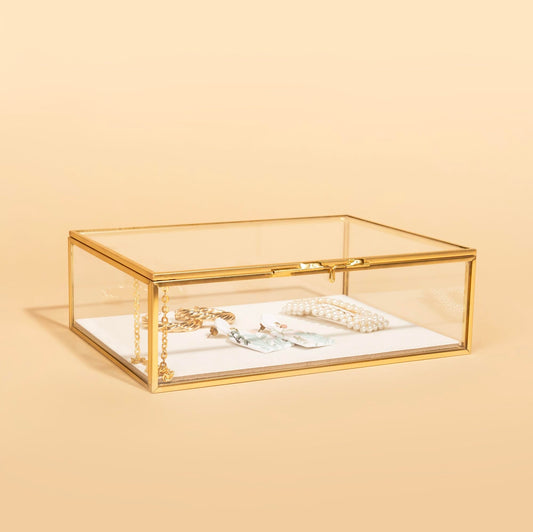 Glass Gold Metal with Chain and Velvet Bottom Jewelry Organizer Box | Card box for Weddings, Events, Baby Showers, and Birthdays