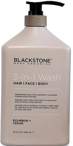 Blackstone 3-in-1 Wash for Men | Cleanses & Conditions Hair, Body, & Face | For All Skin & Hair Types | With Caffeine, Vitamin C, Hemp Seed Oil