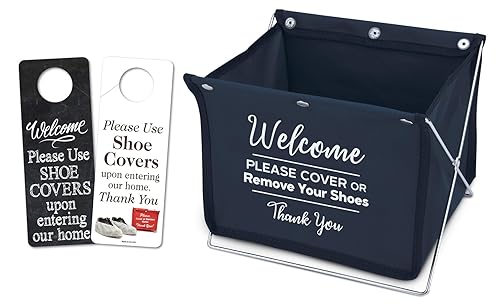 Mediz Foldable Shoe Cover Holder (Blue) with Bonus: 1 Door Hanger with Designs on Front and Back - Please Use Shoe Covers