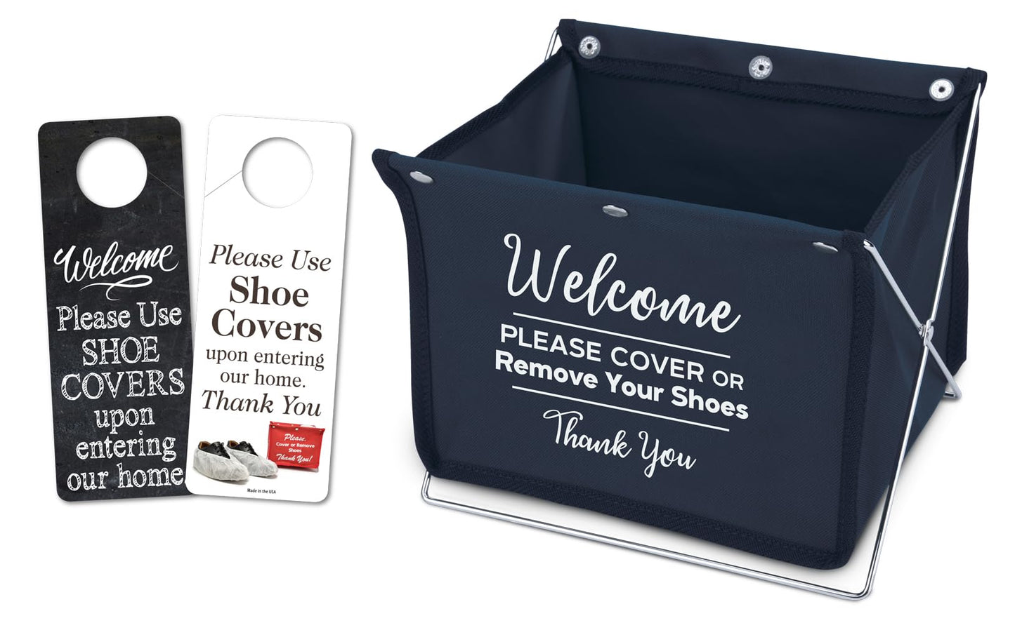 Mediz Foldable Shoe Cover Holder (Blue) with Bonus: 1 Door Hanger with Designs on Front and Back - Please Use Shoe Covers