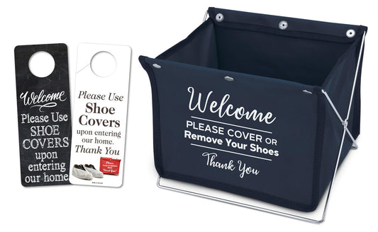 Mediz Foldable Shoe Cover Holder (Blue) with Bonus: 1 Door Hanger with Designs on Front and Back - Please Use Shoe Covers