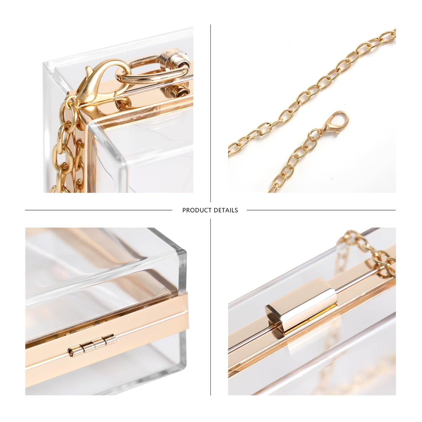 WJCD Women Clear Purse Acrylic Box Clutch Handbag, Small Transparent Crossbody Evening Bag Stadium Approved Gold Chain Strap (Gold)