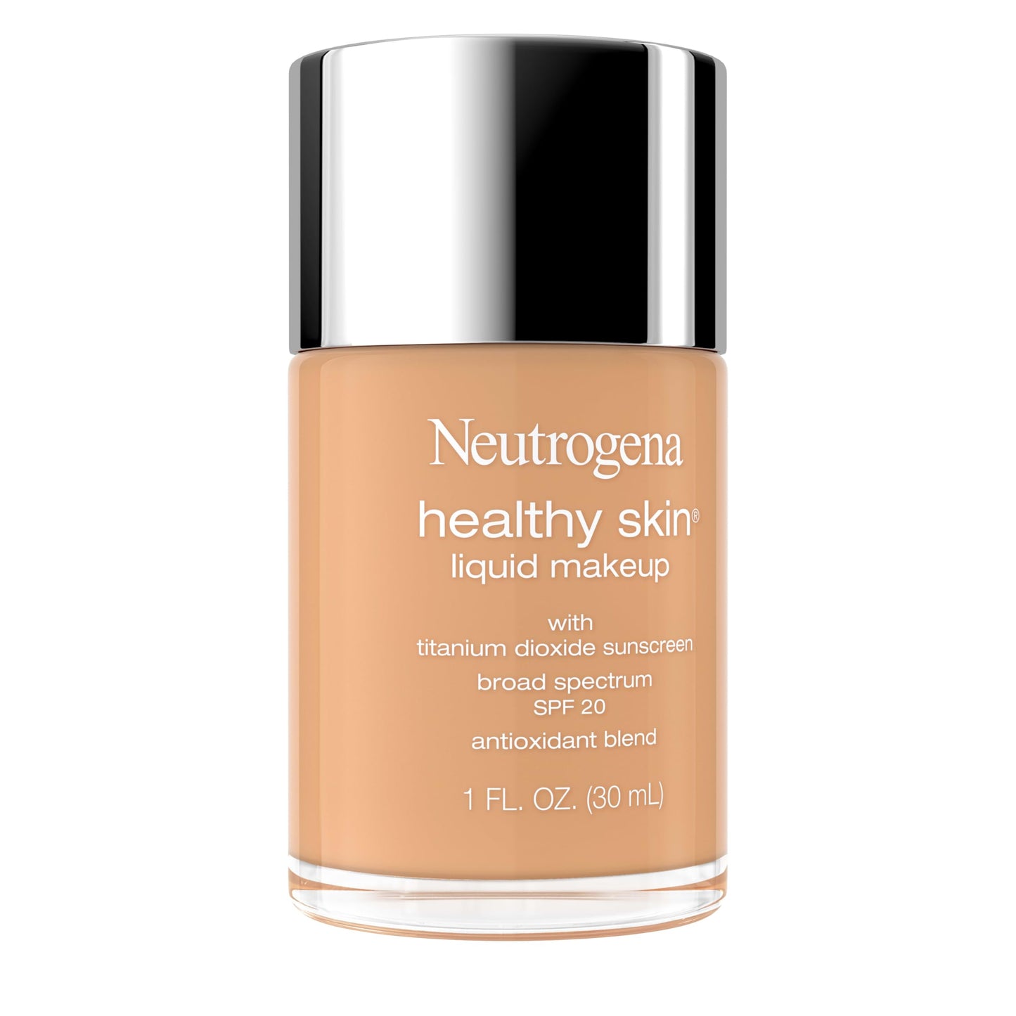 Neutrogena Healthy Skin Liquid Foundation Makeup Broad Spectrum SPF 20 Sunscreen, Medium Coverage, Vit B5, Antioxidants, All Day Wear, Creamy Beige