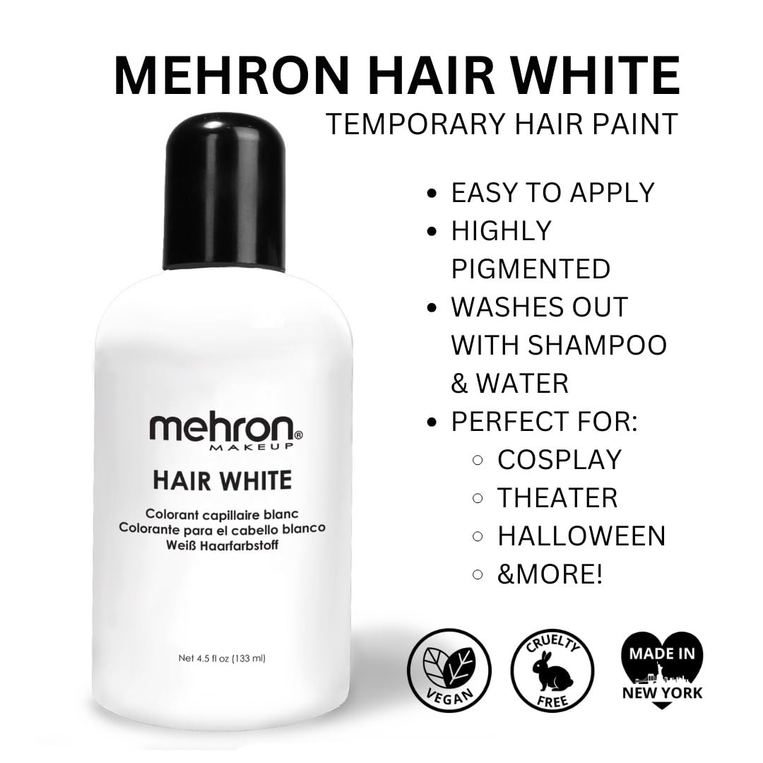Mehron Makeup Hair White | Washable White Hair Dye | Temporary Hair Color for Theatre, Cosplay, & Halloween 4.5 oz (133 ml) | Made in the USA