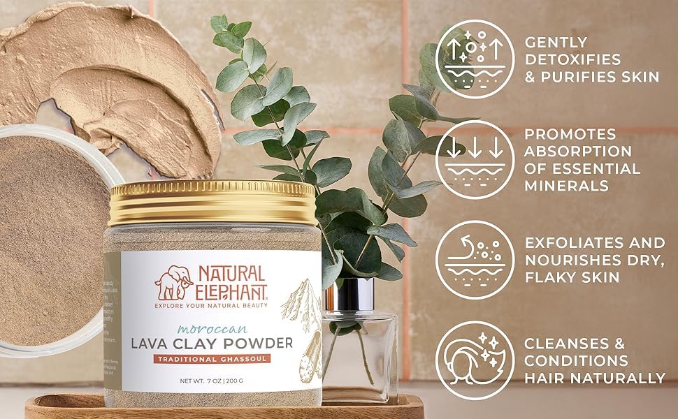 Natural Elephant Ghassoul (Rhassoul) Moroccan Lava Clay Powder | 100% Pure & Natural Face & Body Mask Powder | 200g (7 oz) Jar