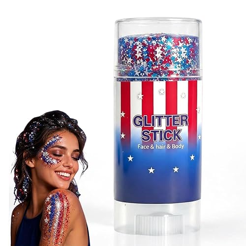 4th of July Glitter Stick, Patriotic Red White and Blue Face Hair Body Glitter Stick, 4th of July Outfits for Women Men, Sparkling Glitter Makeup