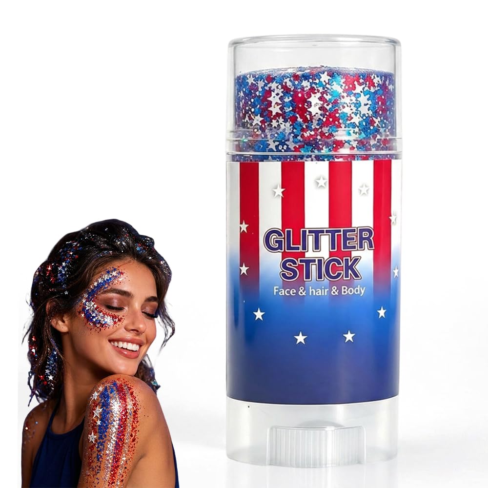 4th of July Glitter Stick, Patriotic Red White and Blue Face Hair Body Glitter Stick, 4th of July Outfits for Women Men, Sparkling Glitter Makeup