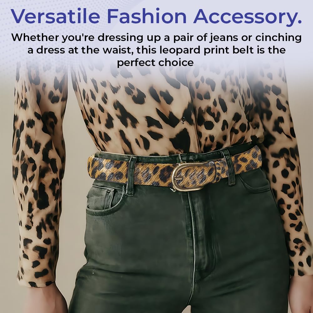 SAGEFINDS Leopard Print Leather Belt for Women, Fashion Waist Belt for Jeans and Dresses, Brass Buckle, 1” Wide