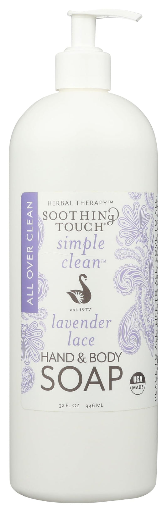 Soothing Touch Hand & Body Soap, Lavender Lace, 32 oz, Professional Grade Lavender Oil, Gentle, Paraben Free, Vegan
