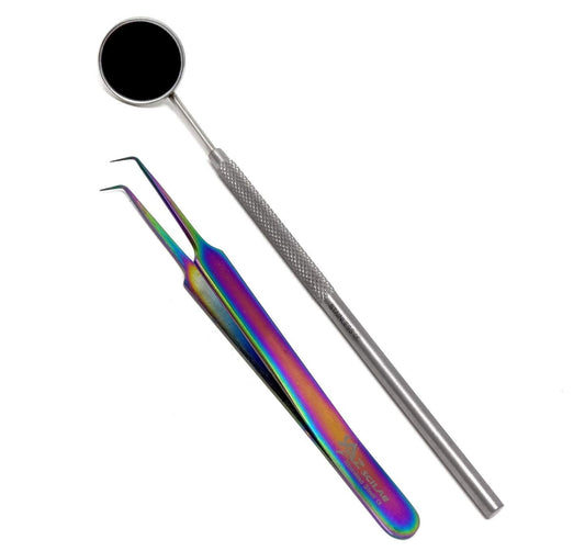 Stainless Steel 3D 5D 6D Volume False Eyelash Extension Tweezers A Type Right Angled 90 Degree, Multi Rainbow Color, Fine Point, With Free Mirror