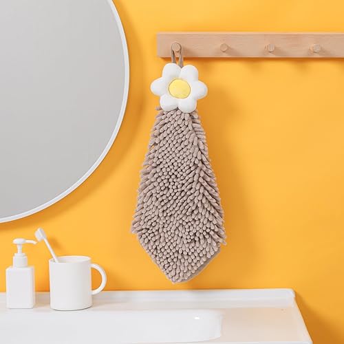 Tyrafry Chenille Cute Flower Hand Towels, Super Soft Water Absorbent Decorative Hand Towels with Hanging Loop Machine Washable Kitchen Towels, Brown