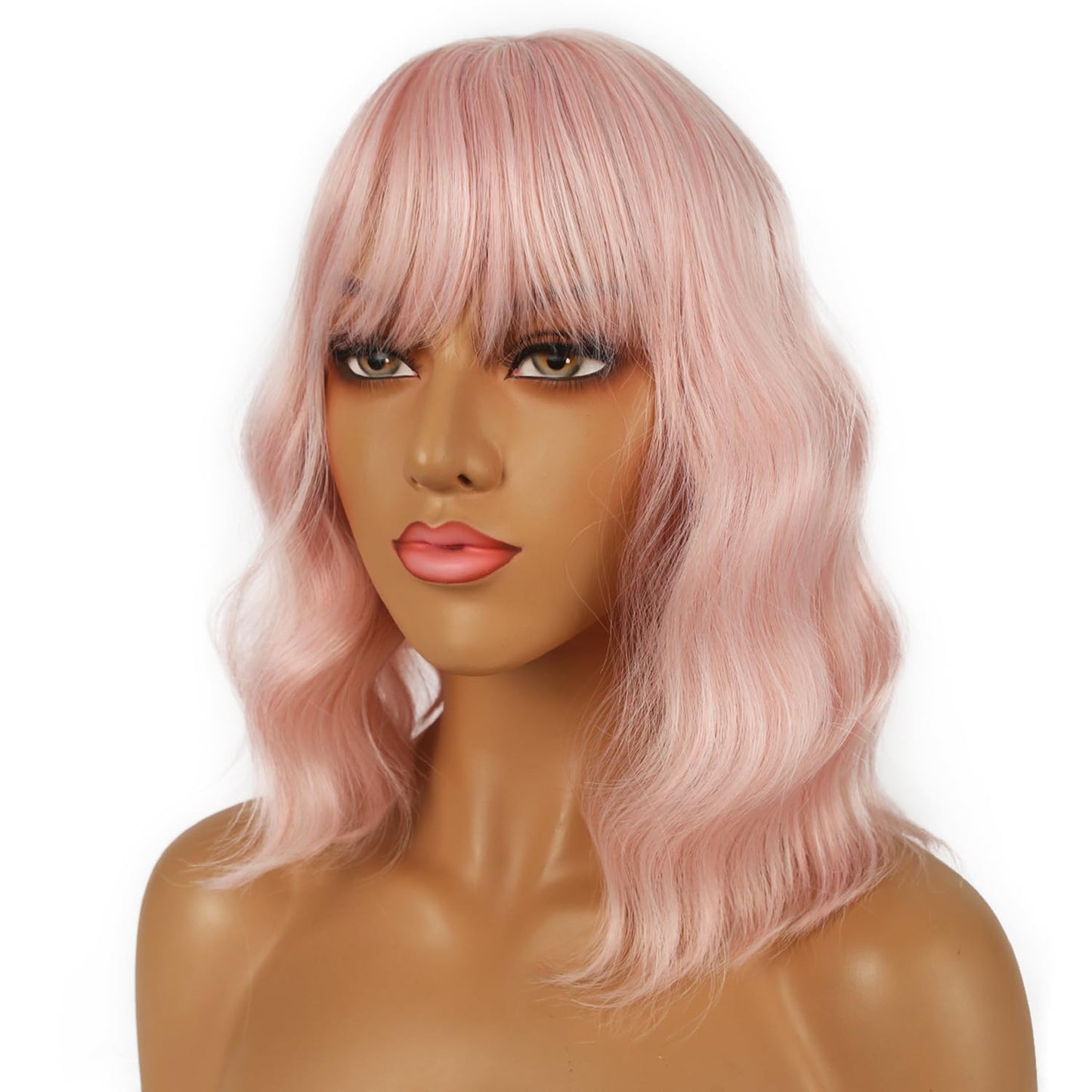 LANCAINI Short Bob Wigs with Bangs for Women Loose Wavy Wig Curly Wavy Shoulder Length Bob Synthetic Cosplay Wig for Girl Colorful Costume Wigs (Peach Beauty and Personal Care LANCAINI