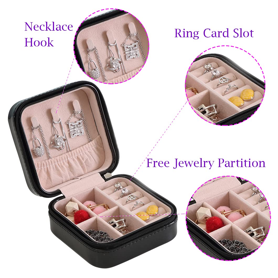 Rolin Roly PU Leather Jewelry Box Small Portable Travel Case with Zipper Black Organizer Display Storage Holder for Women Rings Earrings Necklaces…