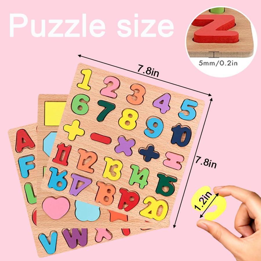 Wooden Puzzles for Toddlers – 3 Pack Alphabet, Number & Shape Montessori Puzzles for Kids Ages 3+ Boys & Girls