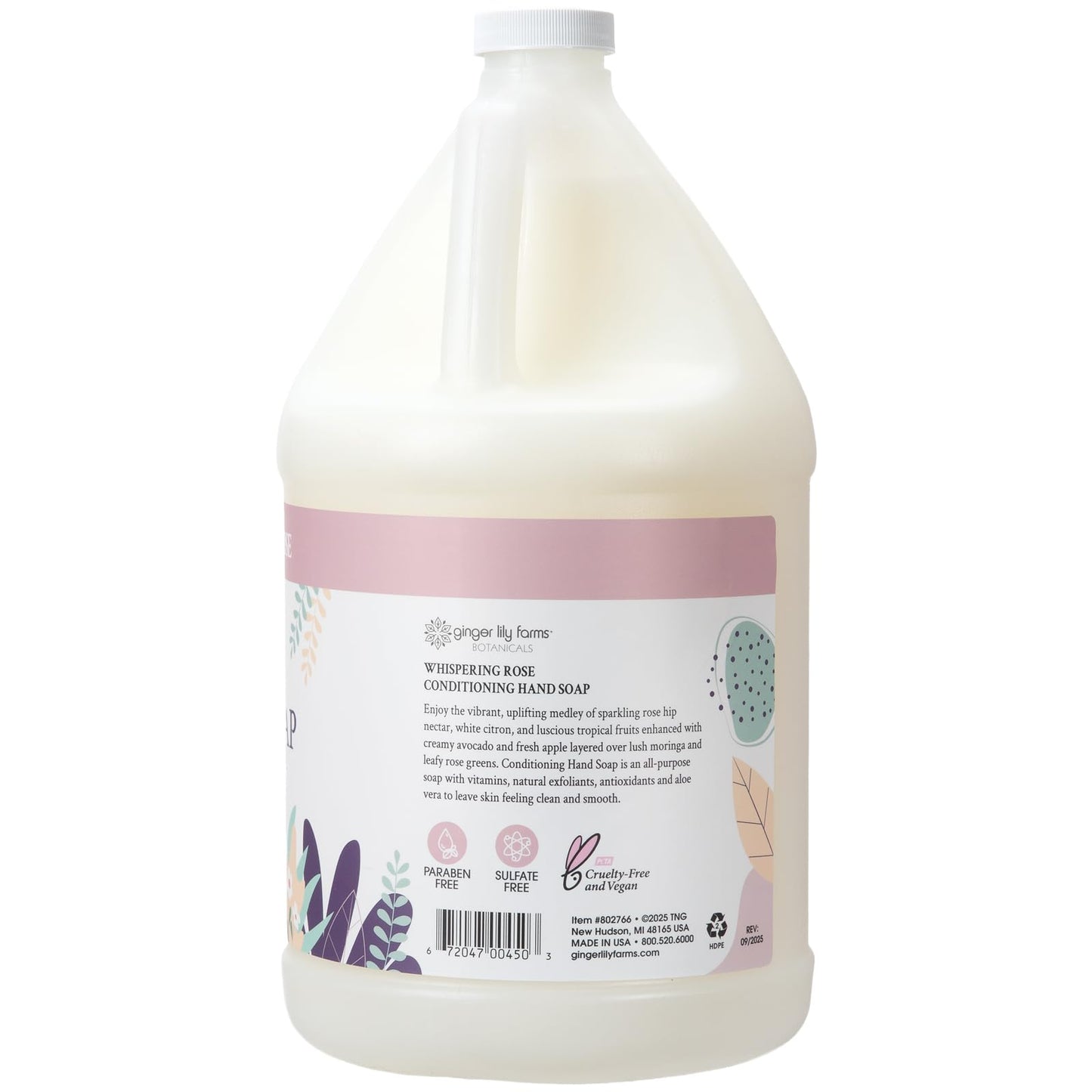 Ginger Lily Farms Botanicals Conditioning Liquid Hand Soap Refill, 100% Vegan & Cruelty-Free, Whispering Rose Scent, 1 Gallon (128 fl oz)