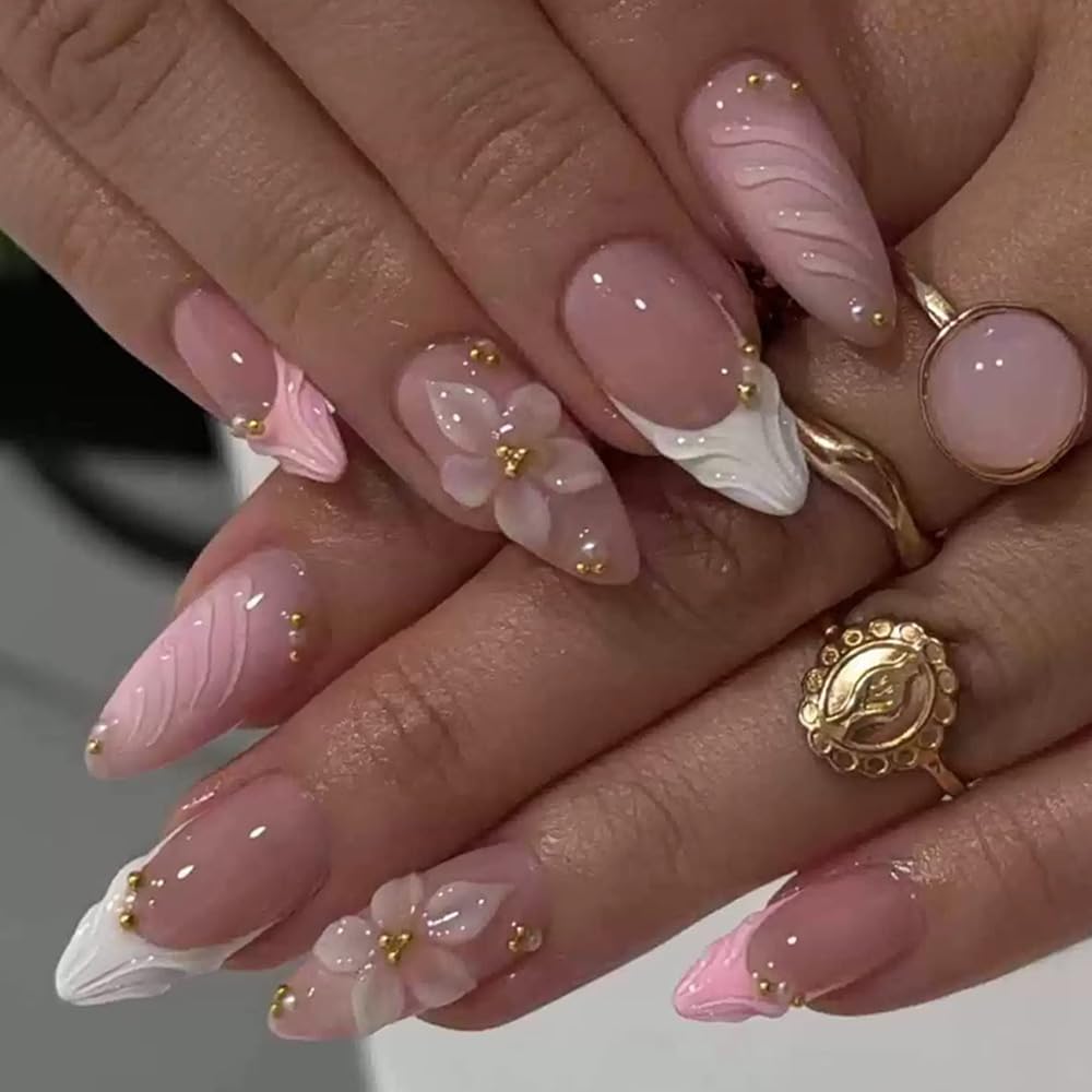FJSMTOPl Flower Press on Nails Pink Fake Nails Mudium Almond False Nails Press ons with 3D Floral Design Stick on Nails Spring Handmade Acrylic Glue Beauty and Personal Care FJSMTOPl Default Title