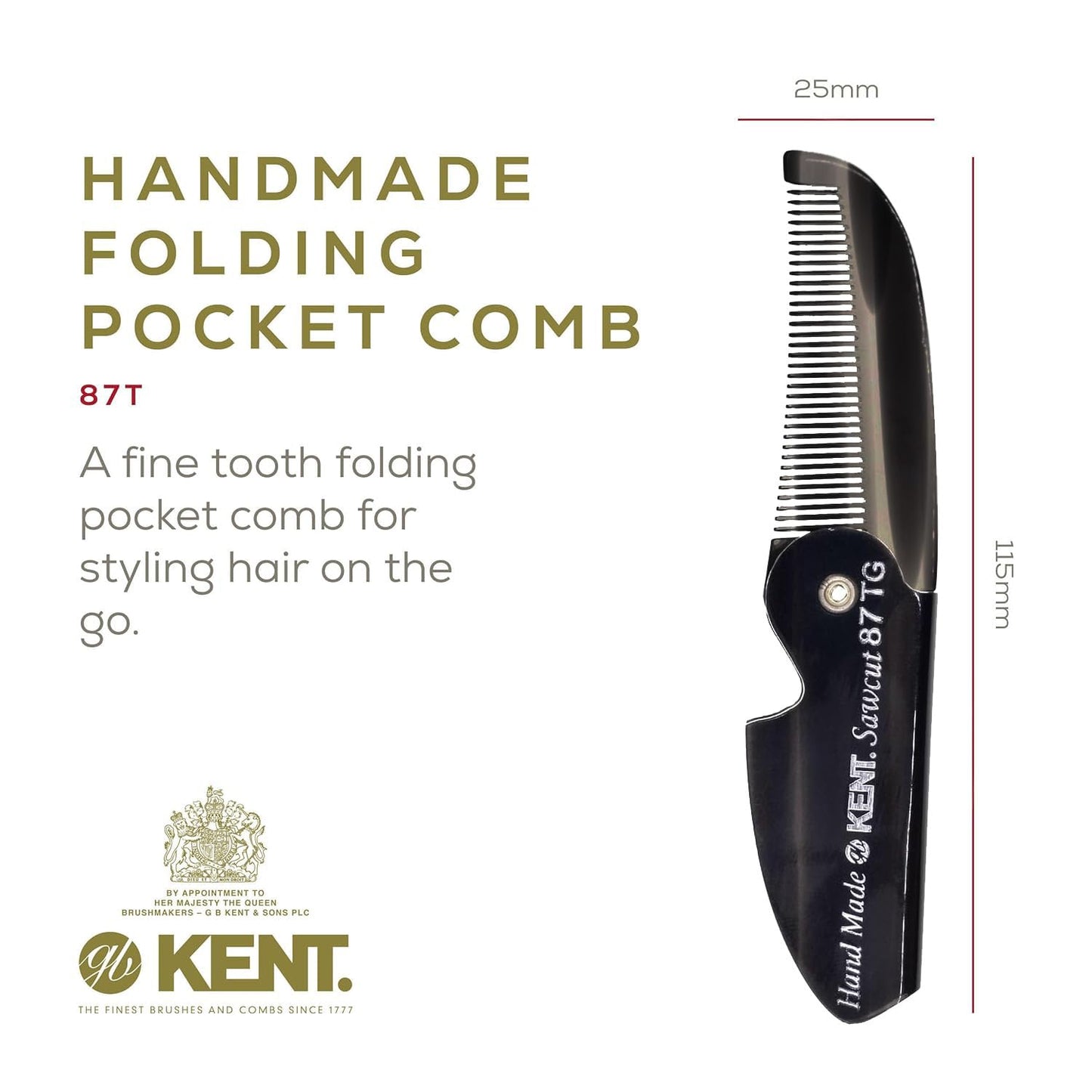 Kent 87T Black Graphite Handmade Folding Pocket Comb for Men, Fine Tooth Hair Comb Straightener for Everyday Grooming Styling Hair, Beard or Mustache