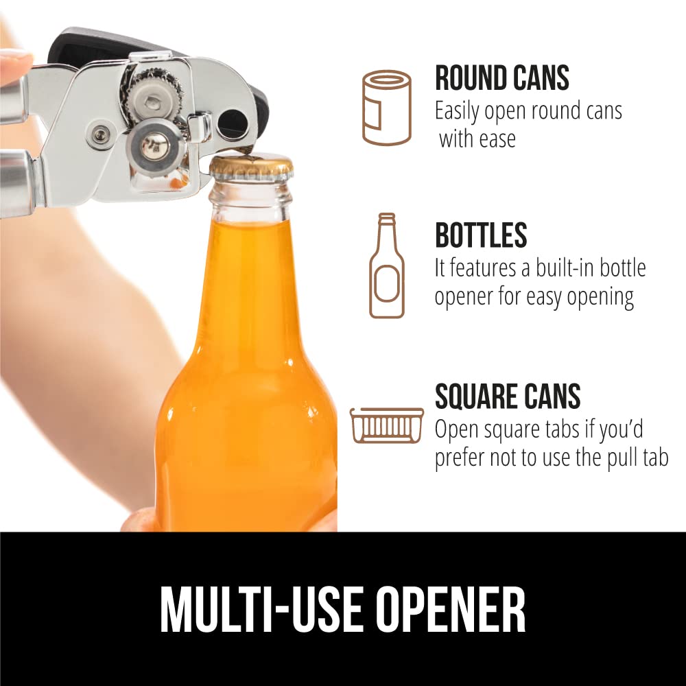 GORILLA GRIP Stainless Steel Can Opener – Smooth Edge Manual Opener with Easy-Turn Knob & Ergonomic Handle – Black