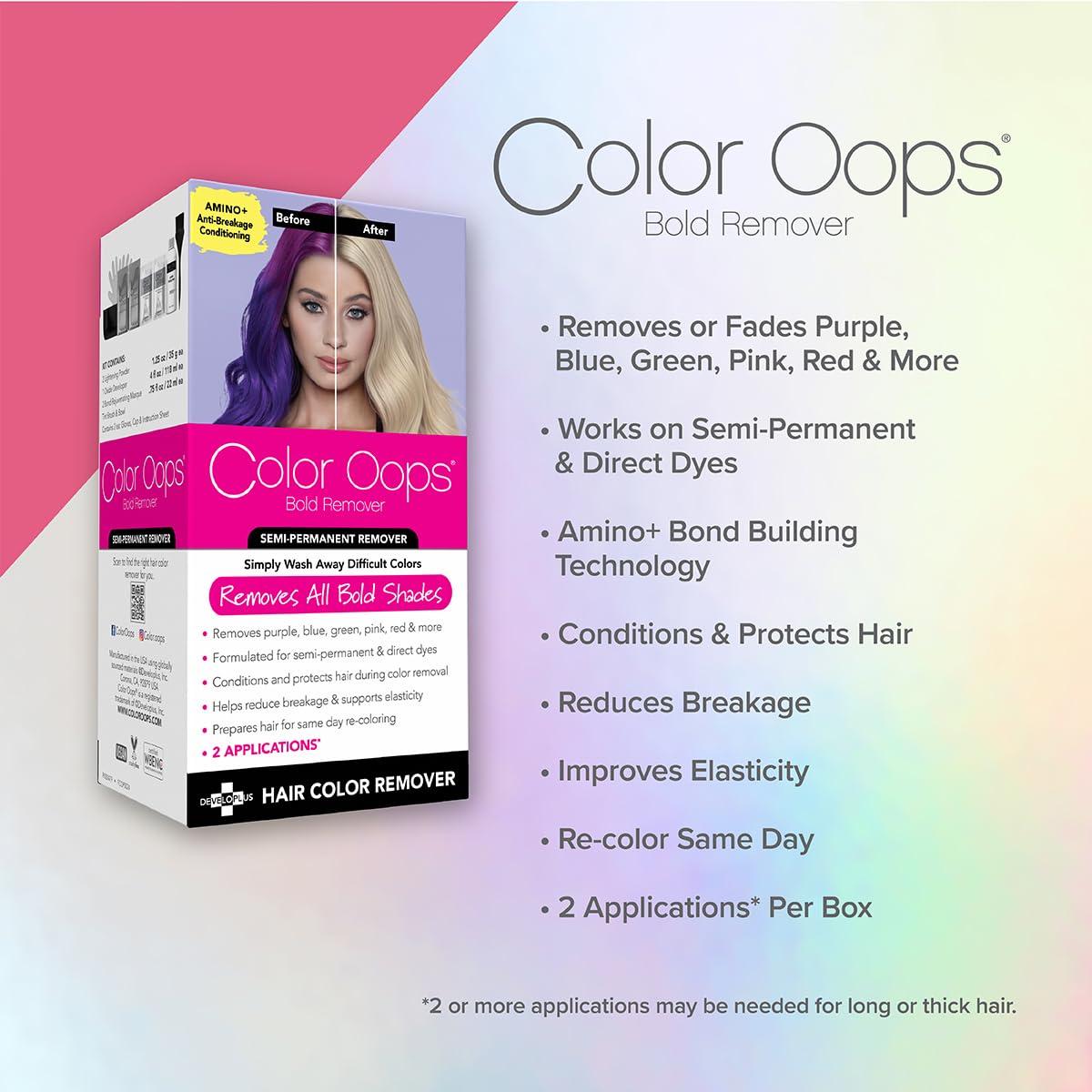 Color Oops Bold Remover, 2 Applications, Hair Dye Remover Safely Removes Direct Dyes and Semi Permanent Hair Color, Recolor The Same Day, Vegan