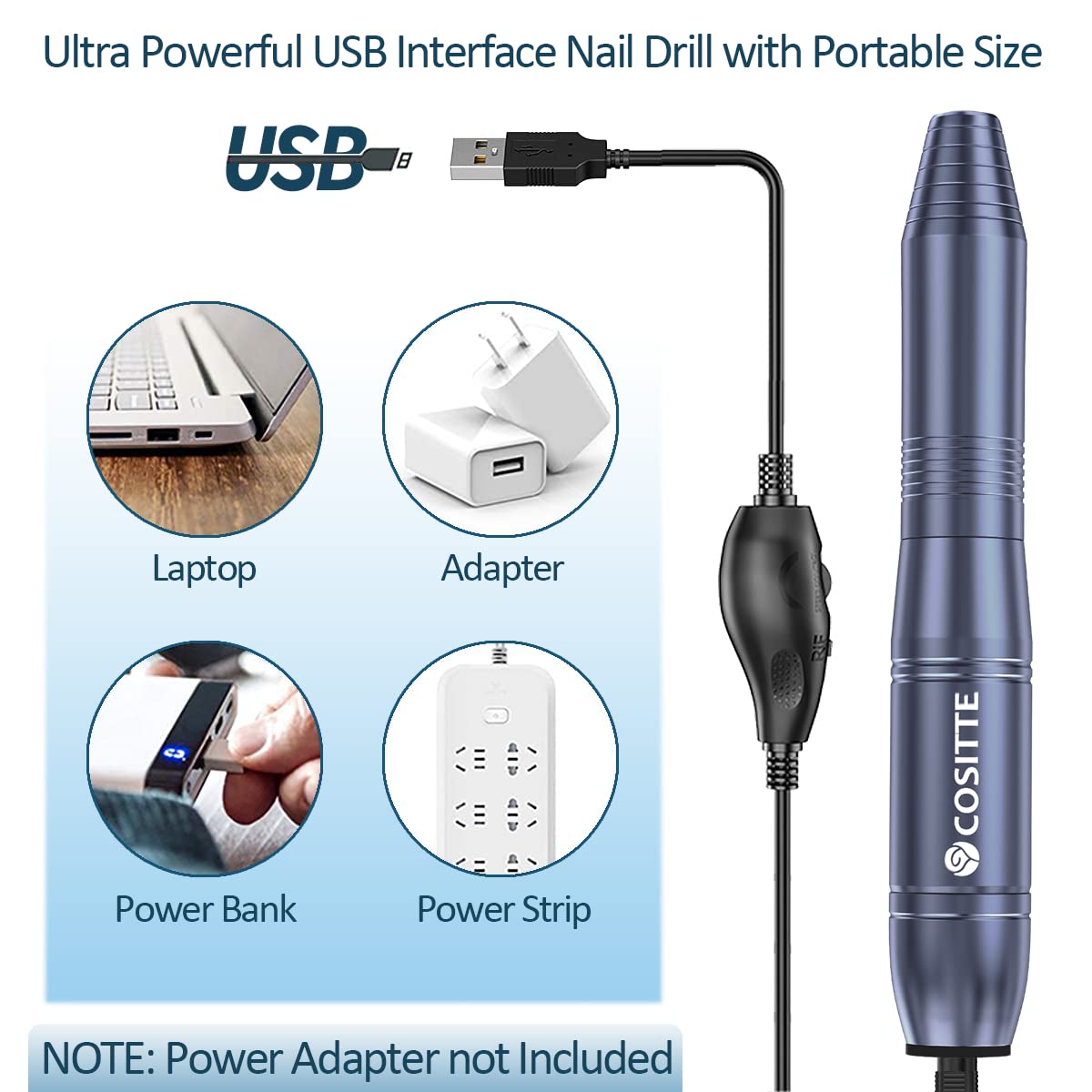 COSITTE Electric Nail Drill,USB Electric Nail Drill Machine for Acrylic Nails,Portable Electrical Nail File Polishing Tool Manicure Pedicure Efile