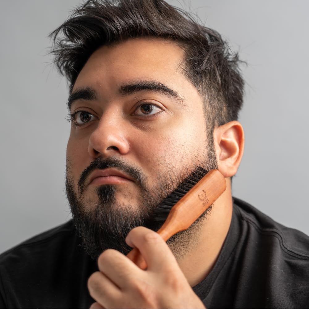 ZEUS Stiff Boar Bristle Beard & Mustache Brush for Men with Extended 6" Handle, Firm Natural Bristles for Styling & Detangling Facial Hair (Made