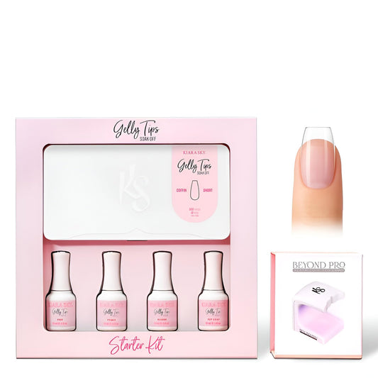 Kiara Sky Gelly Tips Starter Kit | Includes Prep, Primer, Builder, Top Coat, Tips | Coffin Short