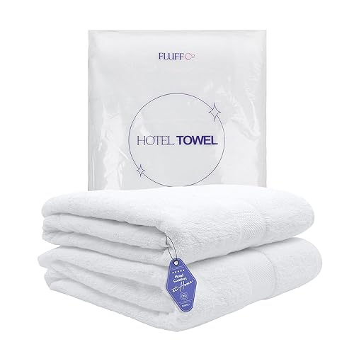 FluffCo Luxury Hotel Towel - Highly Absorbent Premium Bath Towel - Made from 100% Cotton - Super Soft White Towels with Twill Satin Border…