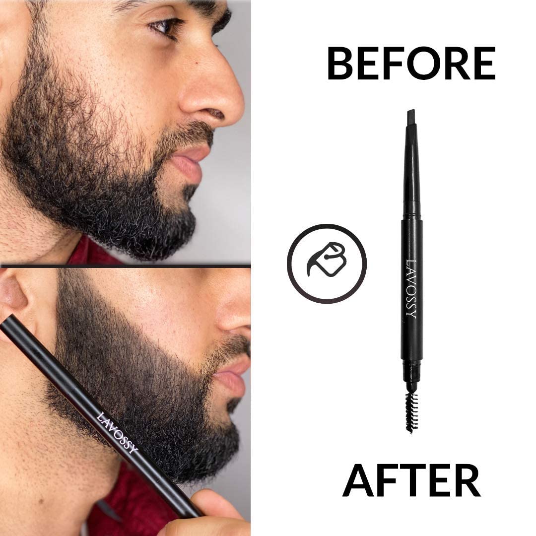 LAVOSSY Beard Pencil Filler for Men - Long Lasting and Easy to Use Beard Pen with blending brush results in a sleek & natural look, Water/Sweat Proof