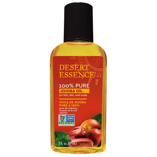 Desert Essence 100% Pure Jojoba Oil - 2 Fl Oz Moisturizer for Hair, Skin & Scalp | Makeup Remover & Aftershave Hydrator, Non-GMO, Vegan, Cold-Pressed