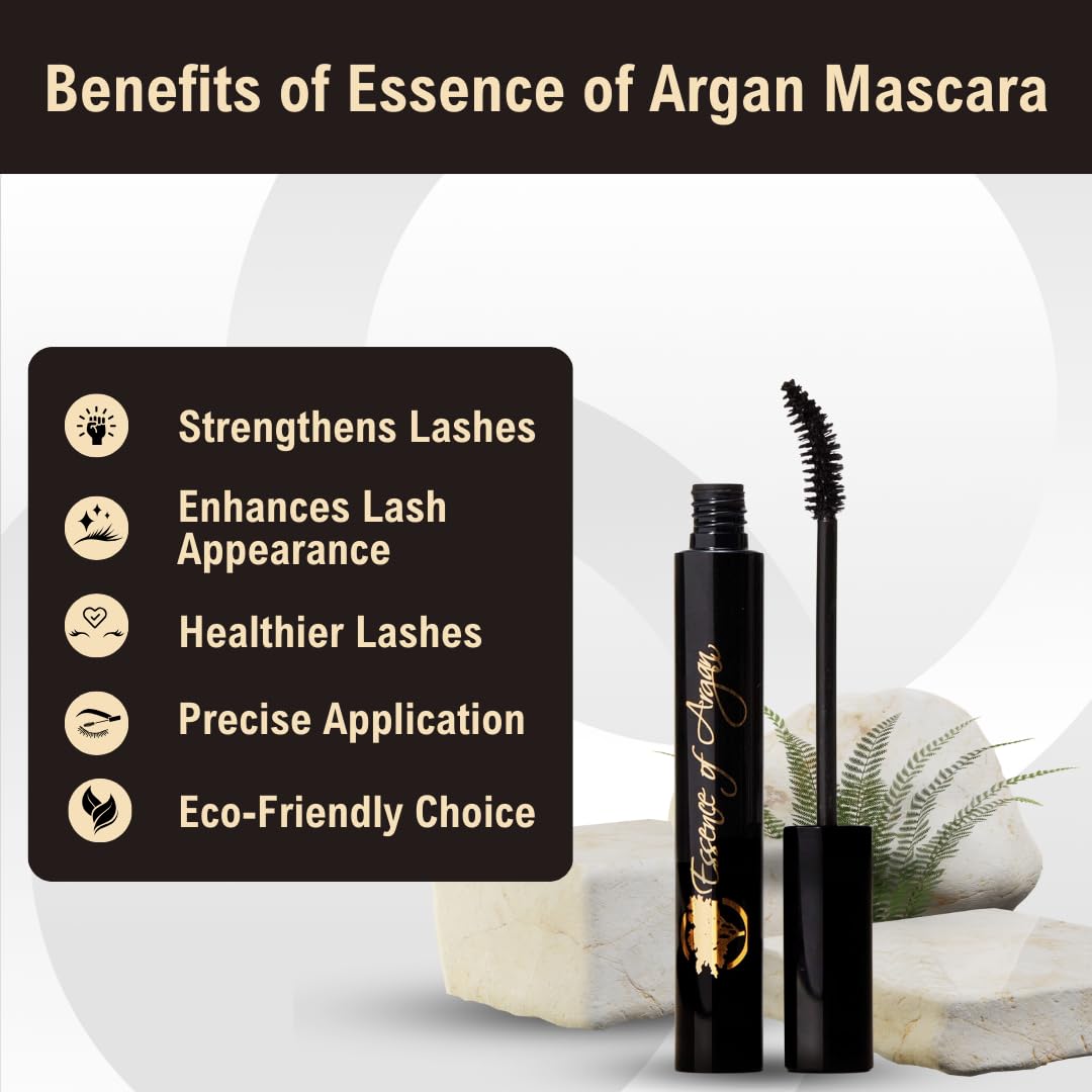 Essence of Argan Lash Conditioner Mascara with 100% Pure Organic ECOCert Argan Oil - Waterproof Black Mascara with Beeswax and Candelilla for More