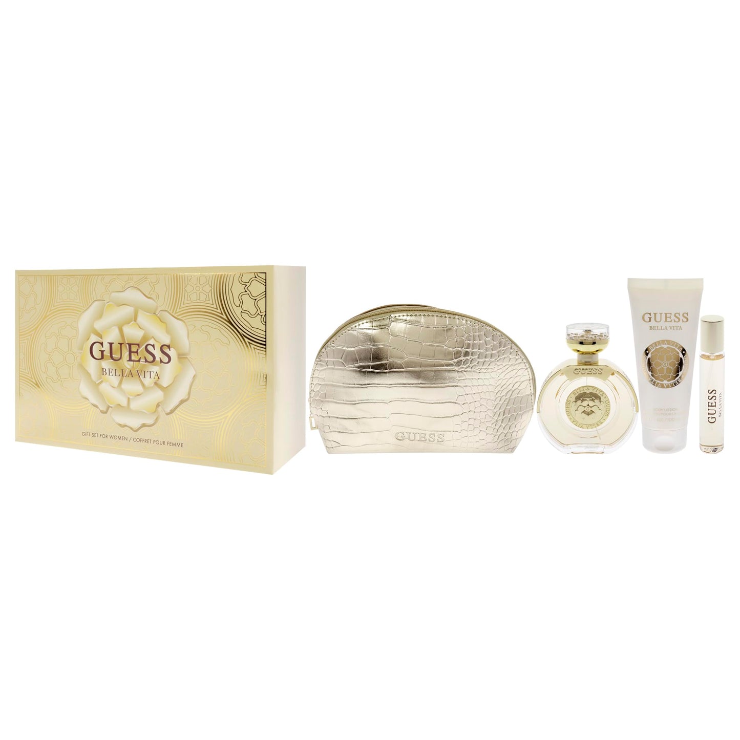 GUESS Bella Vita Eau de Parfum 4 Piece Gift Set For Women - Perfume Spray 3.4 Fl. Oz., Travel Spray 0.5 Fl. Oz., Body Lotion 3.4 Fl. Oz., & Pouch