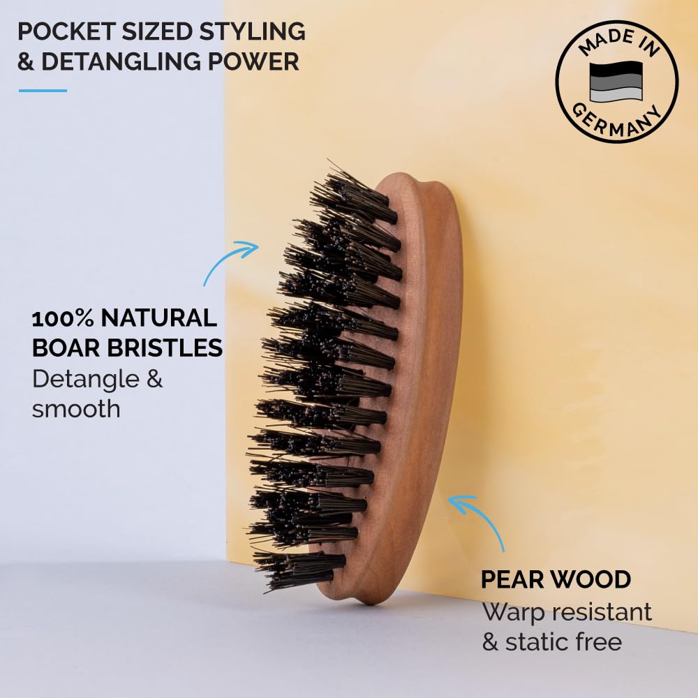 ZEUS Pocket Beard & Mustache Brush for Men, Travel Size Grooming Tool with Firm & Stiff Boar Hair Bristles for Beard Styling & Detangling (Made